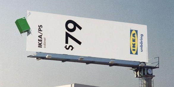 An ooh billboard for Ikea that emphasizes their philosophy of price before product. The main graphic is an Ikea price tag turned side ways with a 3D piece of furniture hanging from the corner of the billboard. This reverses the emphasis.