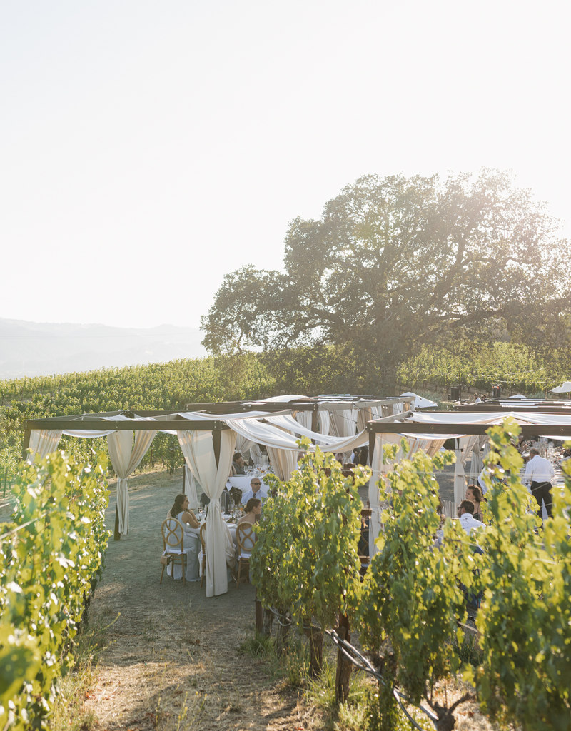 Sophisticated, vineyard wedding reception dinner featuring neutral tones overlooking a vineyard in Santa Ynez. Santa Barbara wedding photographer.