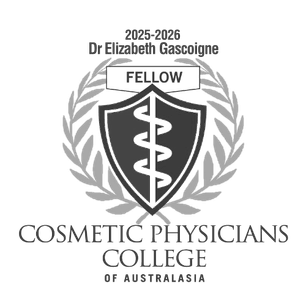 Cosmetic Physicians College of Australasia logo in greyscale showing Dr Elizabeth Gascoigne is a fellow for the years 2025-2026