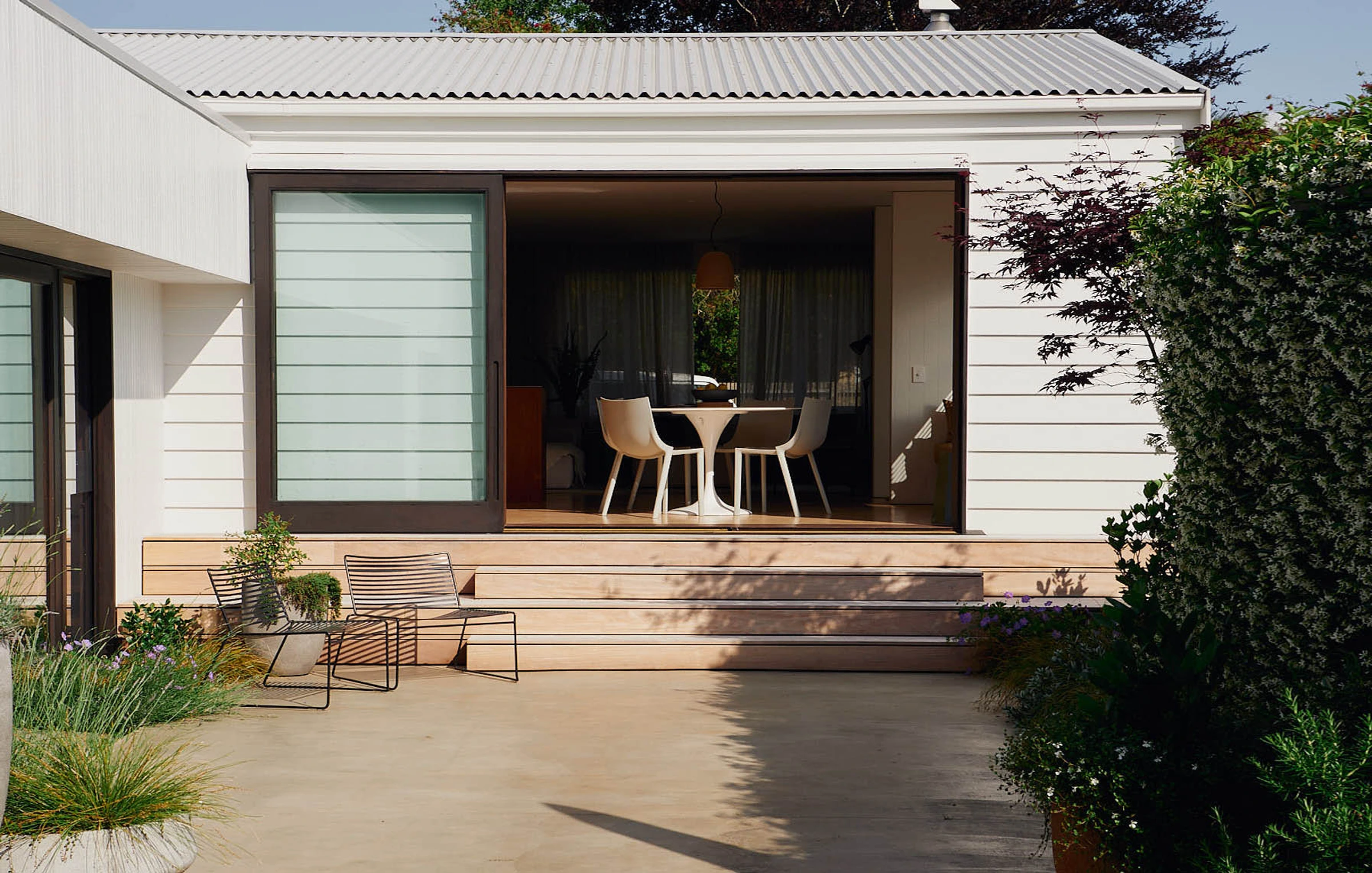 Morning Court: a Japanese maple beside a cedar-clad entry, with grasses and limestone paving