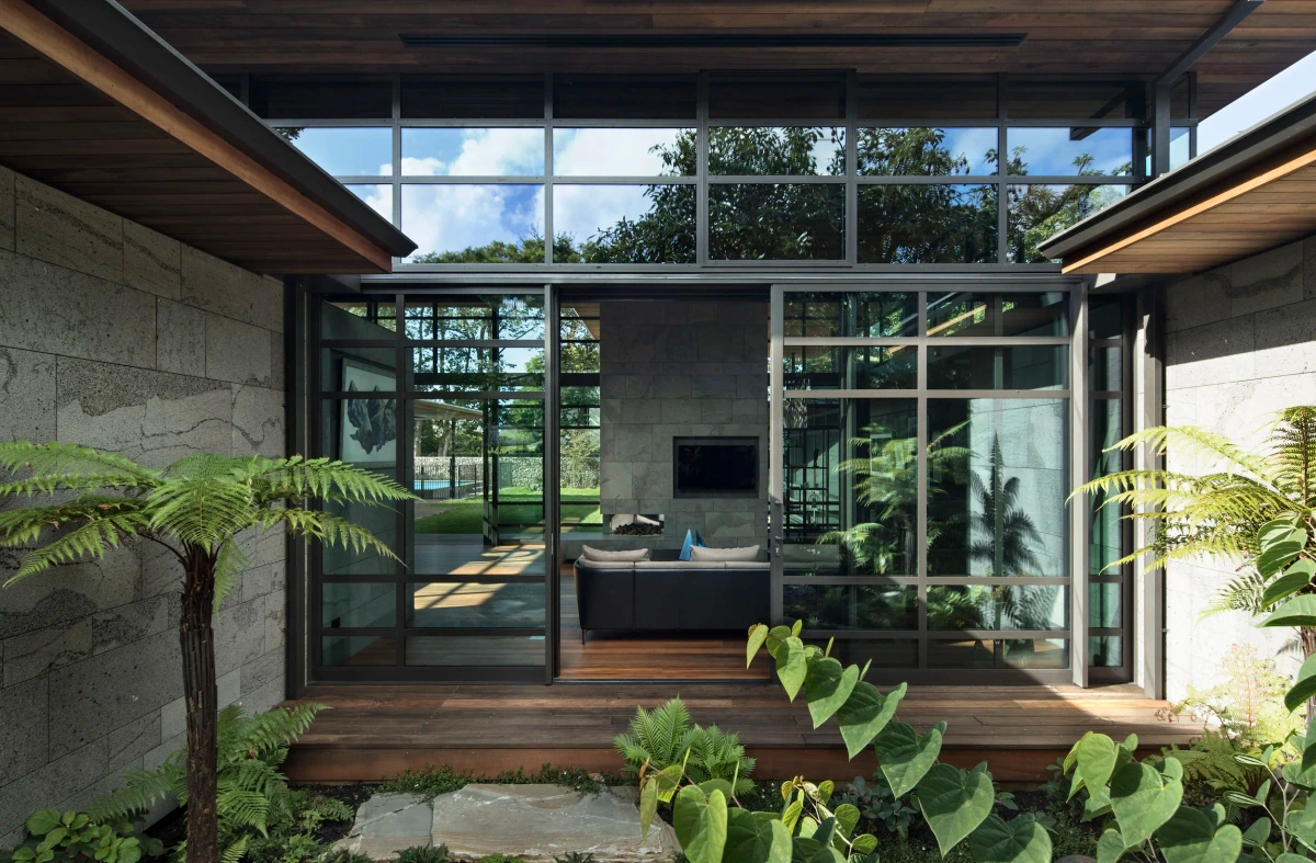 Volcano House, Devonport: a glazed living pavilion across a courtyard planted with mamaku and nīkau
