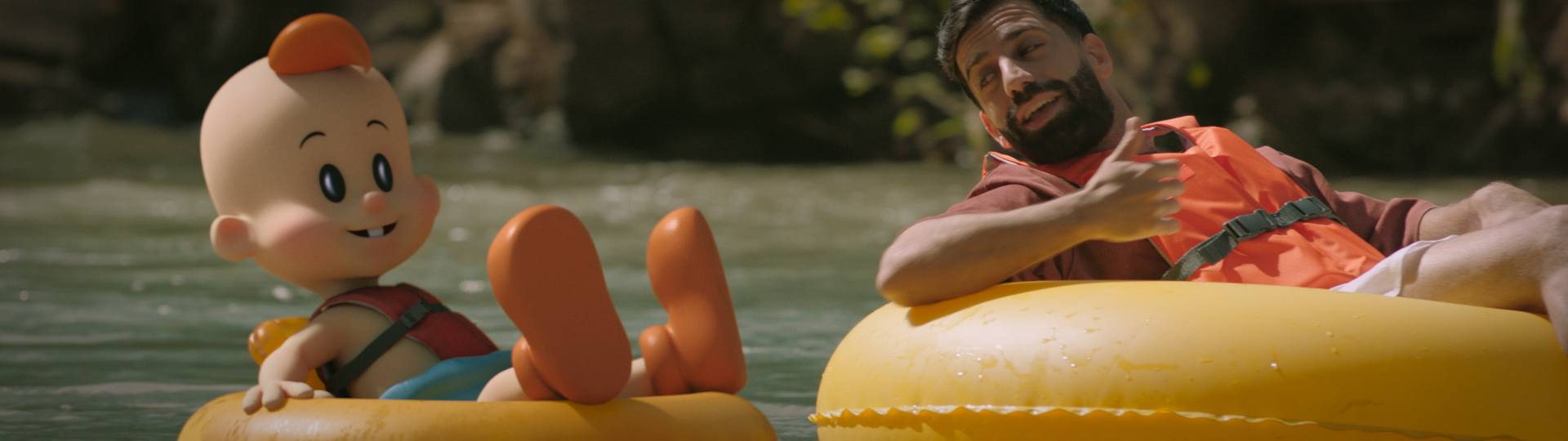 Osem "Bamba Metaylim" Commercial with Eliad. The Bamba baby and Eliad are floating in the Jordan river. 3D character animation, compositing.
