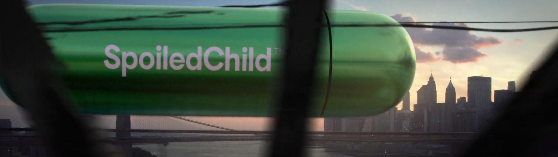 SpoiledChild "Stay Immature" FOOH campaign. A 3D capsule Zeppelin hovers above NYC. UGC aesthetic, 3D and compositing.