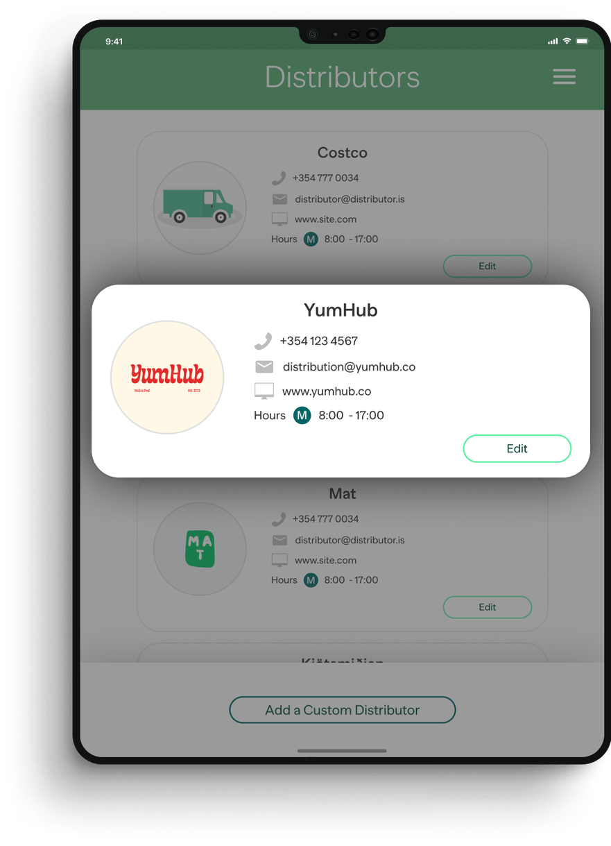 YumHub distributor contact details displayed in a pop-up overlay with editing options.
