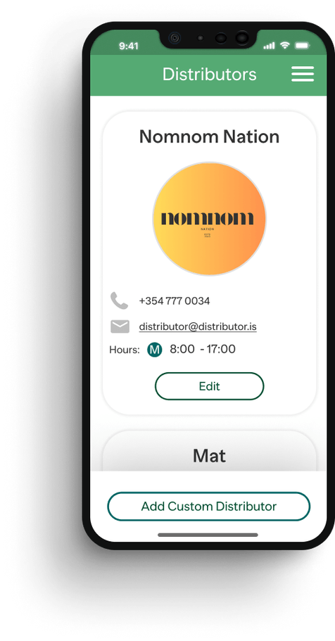 Nomnom Nation distributor contact details on a mobile screen with an option to add a custom distributor.