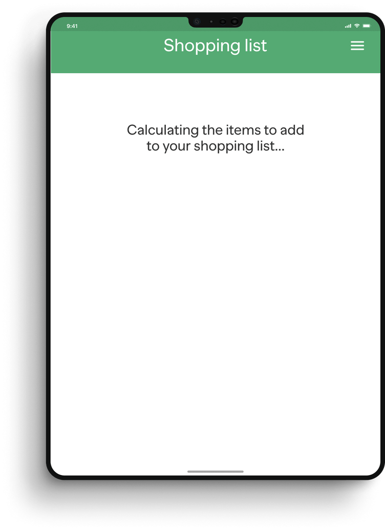 Screen displaying a message "Calculating the items to add to your shopping list..."