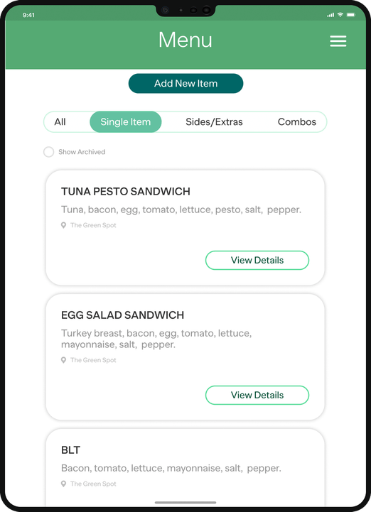 Restaurant menu screen showing sandwich options with ingredients listed.
