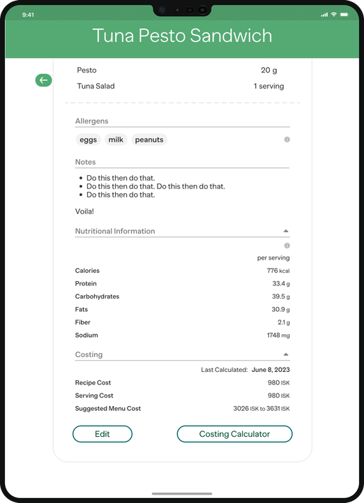 Detailed view of the Tuna Pesto Sandwich menu item with allergens, nutritional information, and costing.
