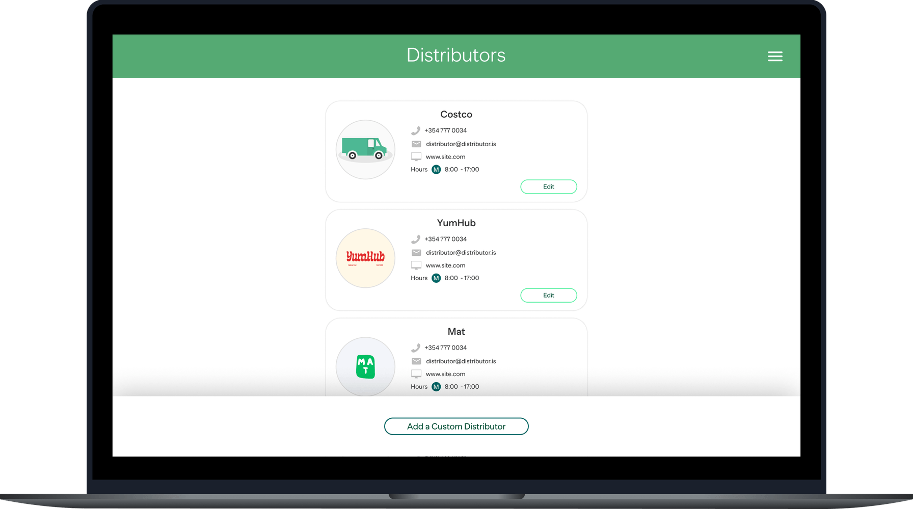 Distributors management screen showing contact information and editing options for multiple distributors.