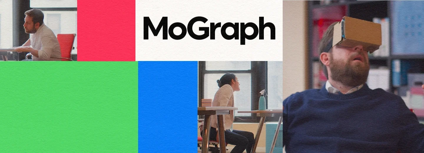 A geometric grid of bold primary color blocks featuring the cast of the original series 'Mograph' in an office setting, with one actor wearing a VR headset