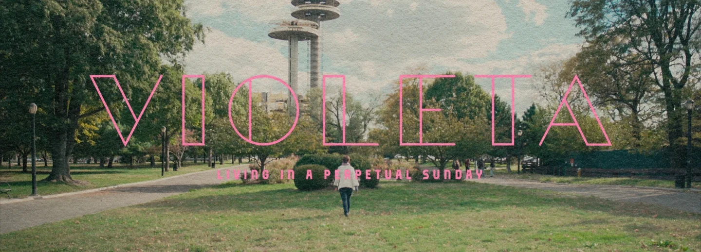A cinematic widescreen photograph of a woman skipping through a grassy field, with the iconic New York State Pavilion Observation Towers from the World’s Fair in the background.