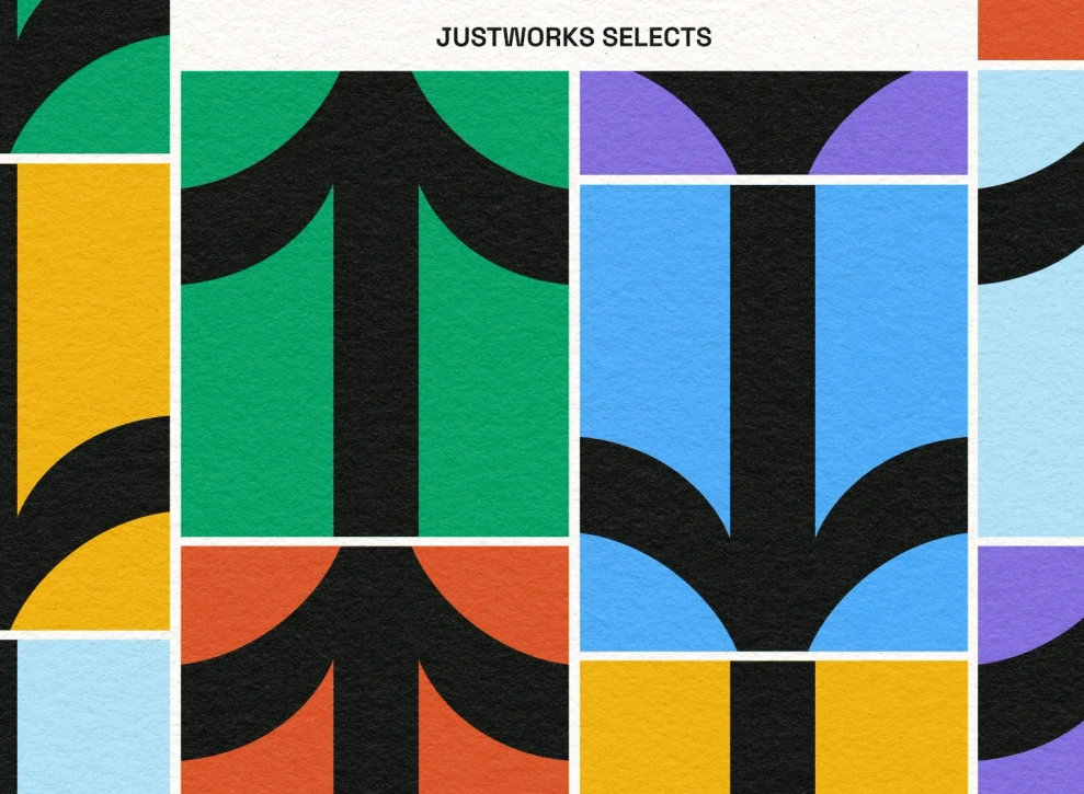 Motion branding for Justworks: a dynamic grid of bold, bespoke black arrows oriented vertically like a slot machine against a high-contrast, multi-colored background.