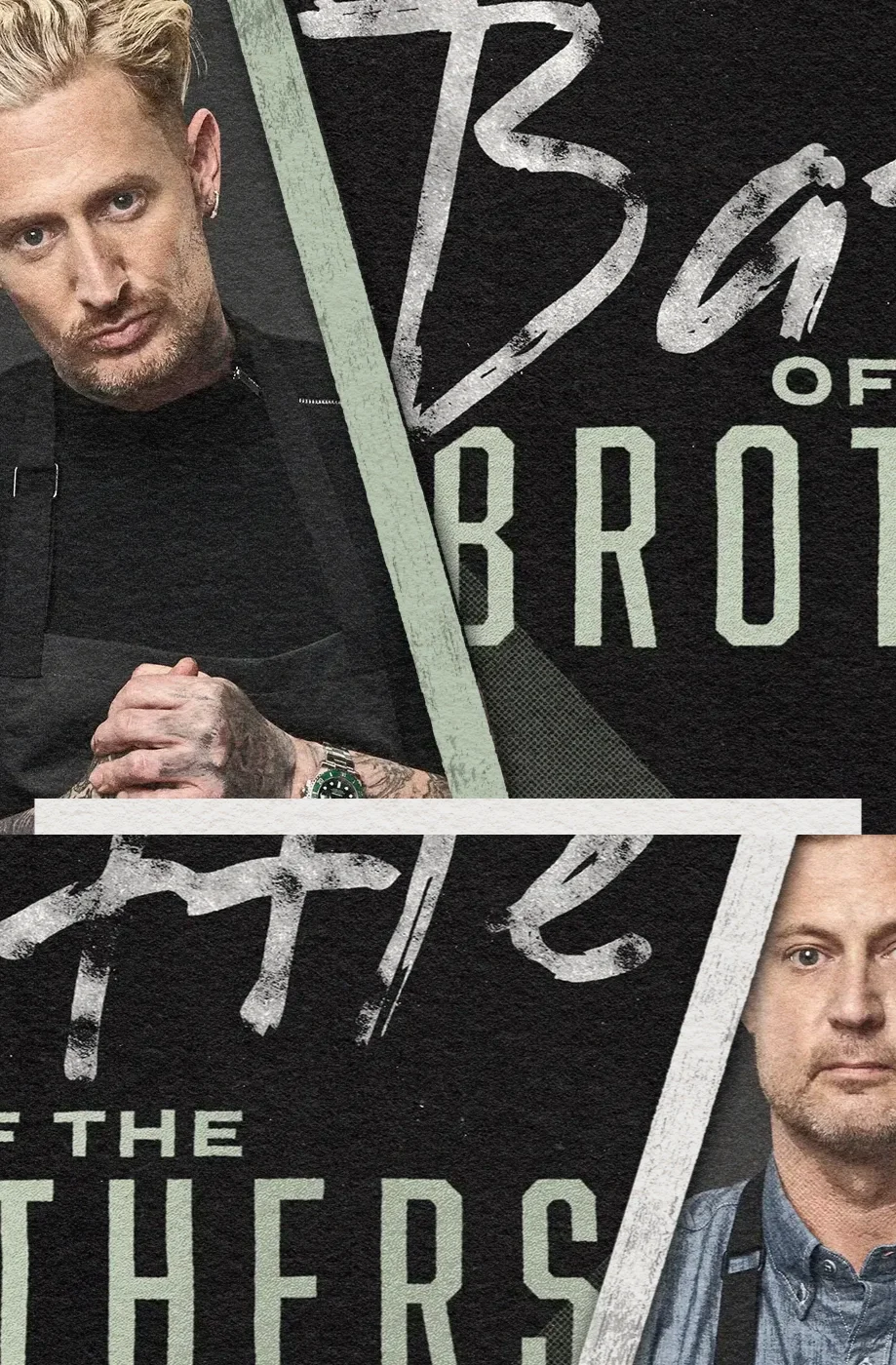 A dynamic monotone grid aesthetic showcasing a cropped culinary logo flanked by chefs Michael and Bryan Voltaggio from ‘Battle of the Brothers