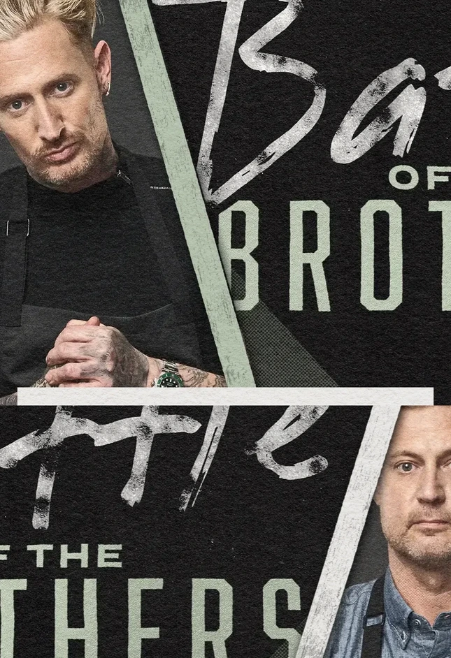 A dynamic monotone grid aesthetic showcasing a cropped culinary logo flanked by chefs Michael and Bryan Voltaggio from ‘Battle of the Brothers
