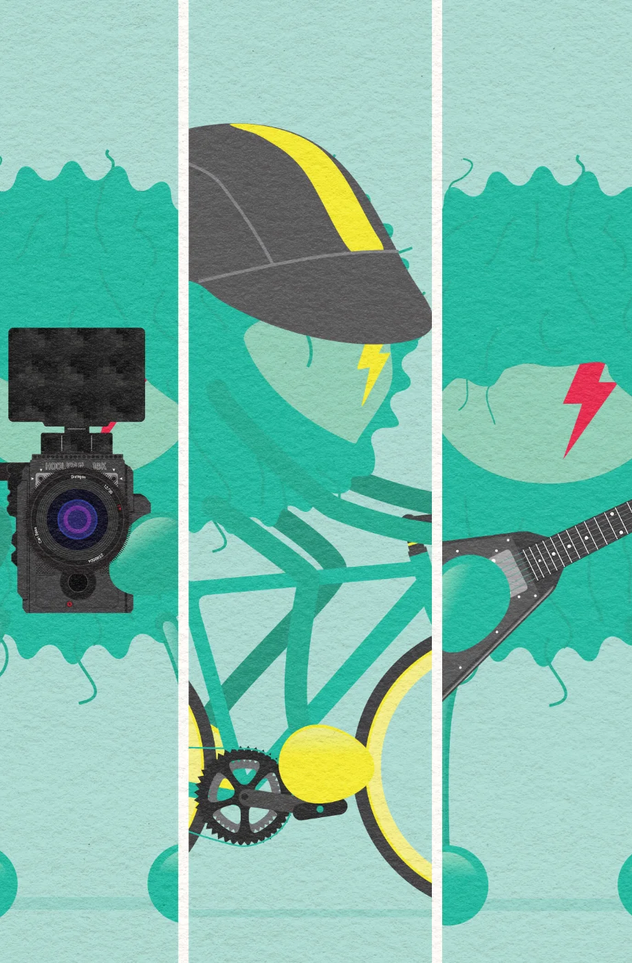A 3-panel flat design layout illustrating the active life of an androgynous animal character. Panels show them playing guitar, riding a bicycle, and filming with a camera.