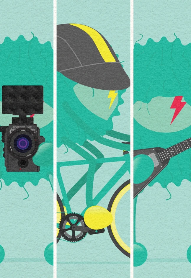 A 3-panel flat design layout illustrating the active life of an androgynous animal character. Panels show them playing guitar, riding a bicycle, and filming with a camera.