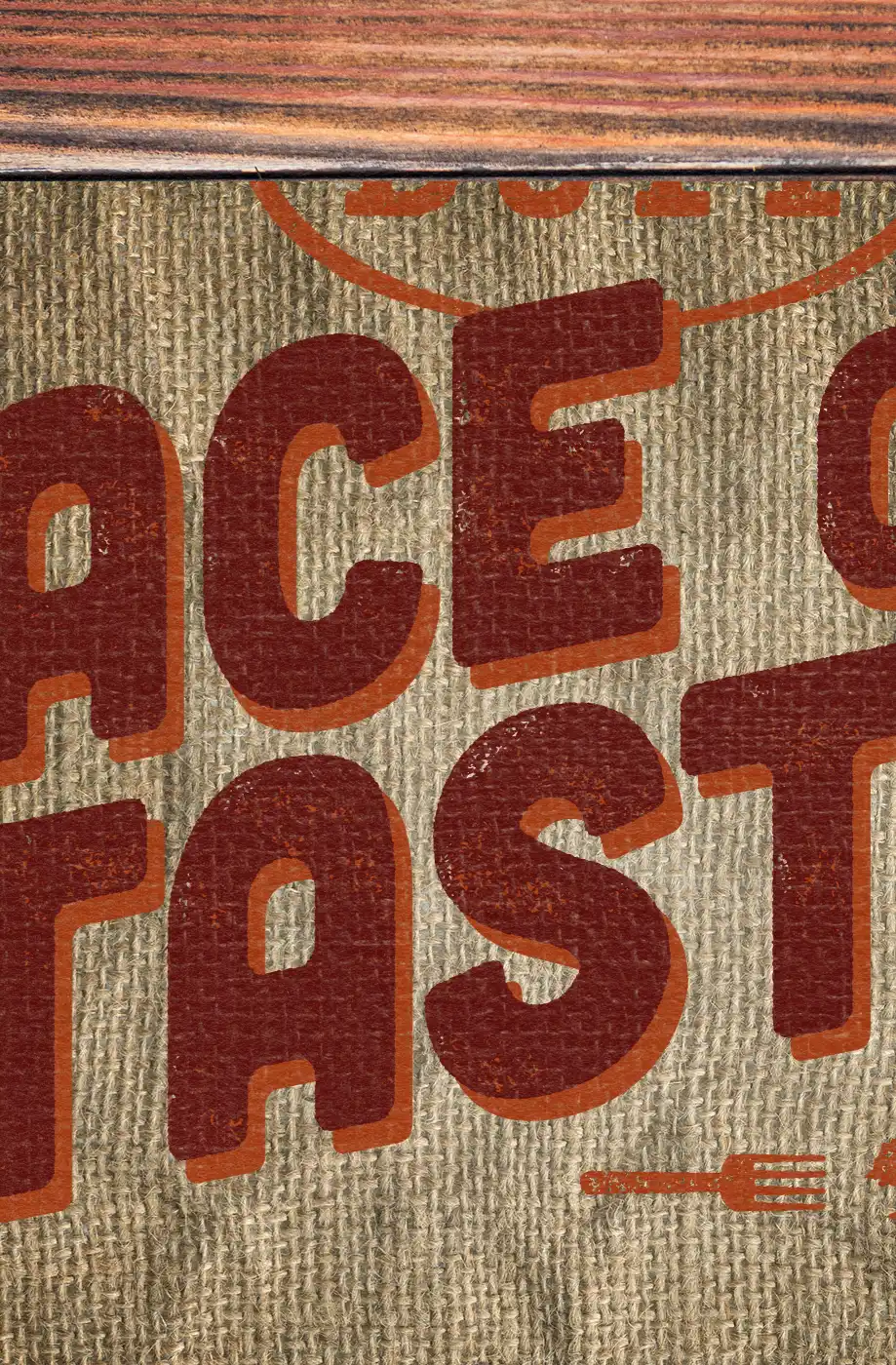 Rustic branding for Duff Goldman’s 'Ace of Taste' on Food Network: a hand-painted logo with worn textures and a burlap grain background.