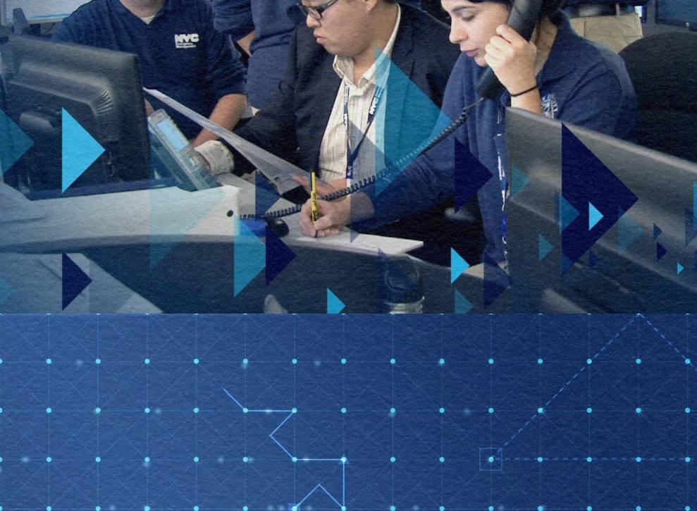 Creative film and motion branding for Dataminr: A vertical split-screen showing NYCEM emergency workers on phones in a command center above a technical digital grid of interconnected triangles and nodes.