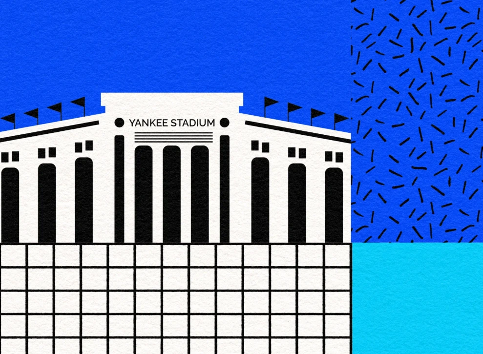 A geometric, Memphis-style illustration of Yankee Stadium for Food Network's 'Snack on this' brand, featuring bold colors, thick black outlines, and playful patterns like dots and squiggles.