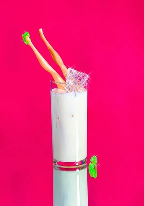 Conceptual still life of Barbie legs in a glass of milkshake with neon pink background.