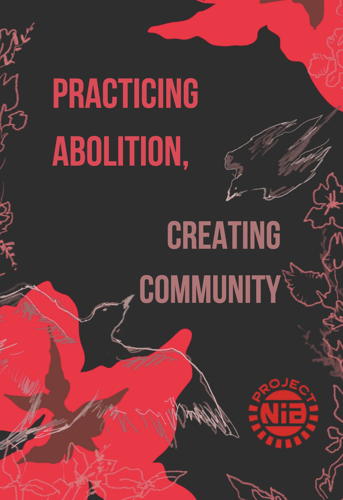 The black and red cover of the "Practicing Abolition, Creating Community" zine, with the silhouettes of birds flying in the margins.