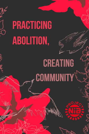 The black and red cover of the "Practicing Abolition, Creating Community" zine, with the silhouettes of birds flying in the margins.