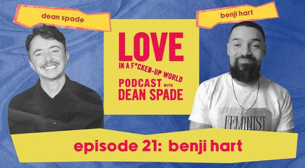 A blue and yellow graphic of a map of Love in a F*cked-Up World Podcast, featuring the profiles of Dean Spade and Benji Hart.