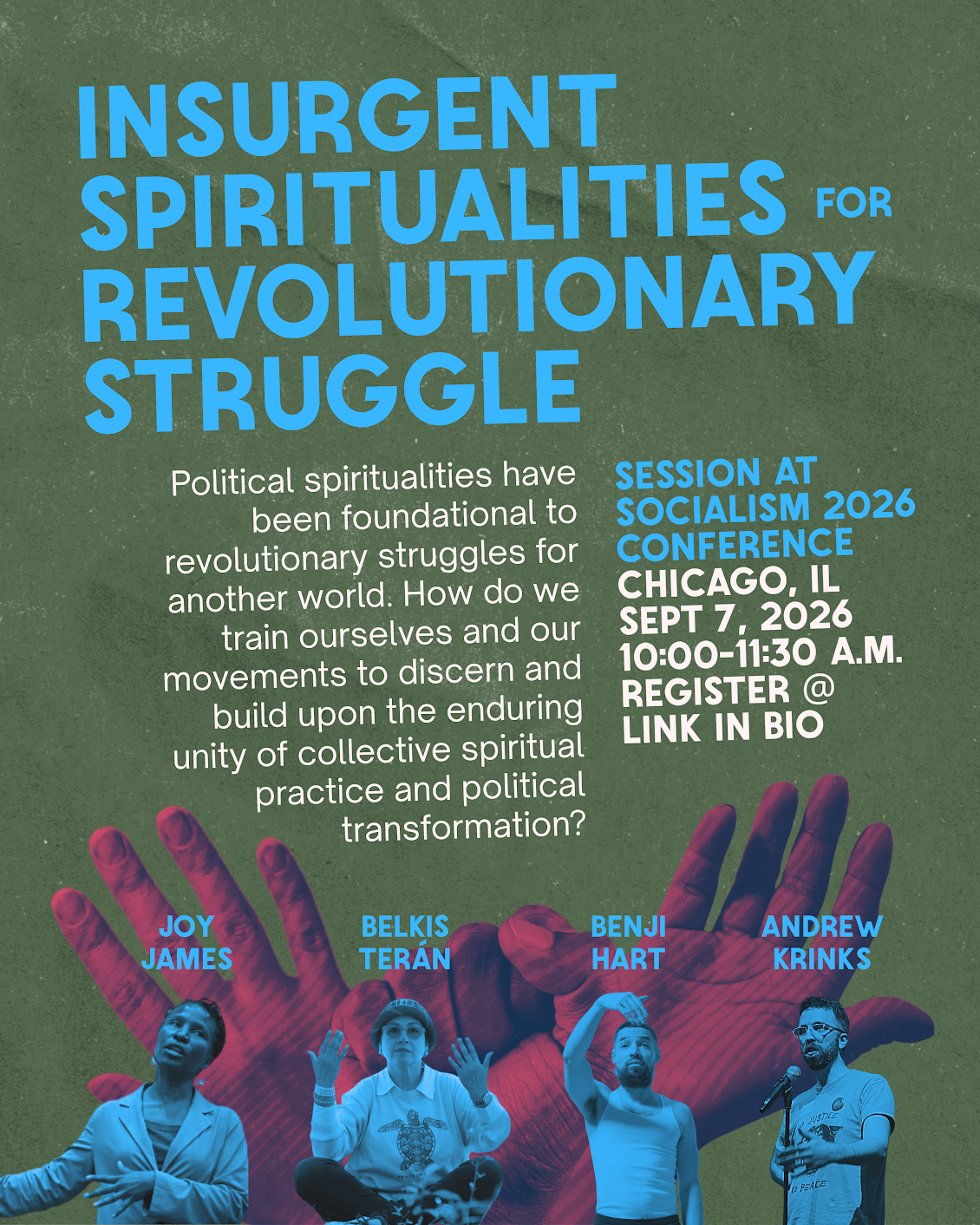 A green and blue promotional graphic for the Insurgent Spiritualities for Revolutionary Struggle panel, feartuing small images of the panelists.