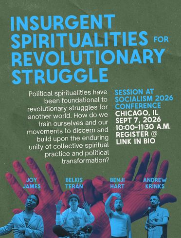A green and blue promotional graphic for the Insurgent Spiritualities for Revolutionary Struggle panel, feartuing small images of the panelists.