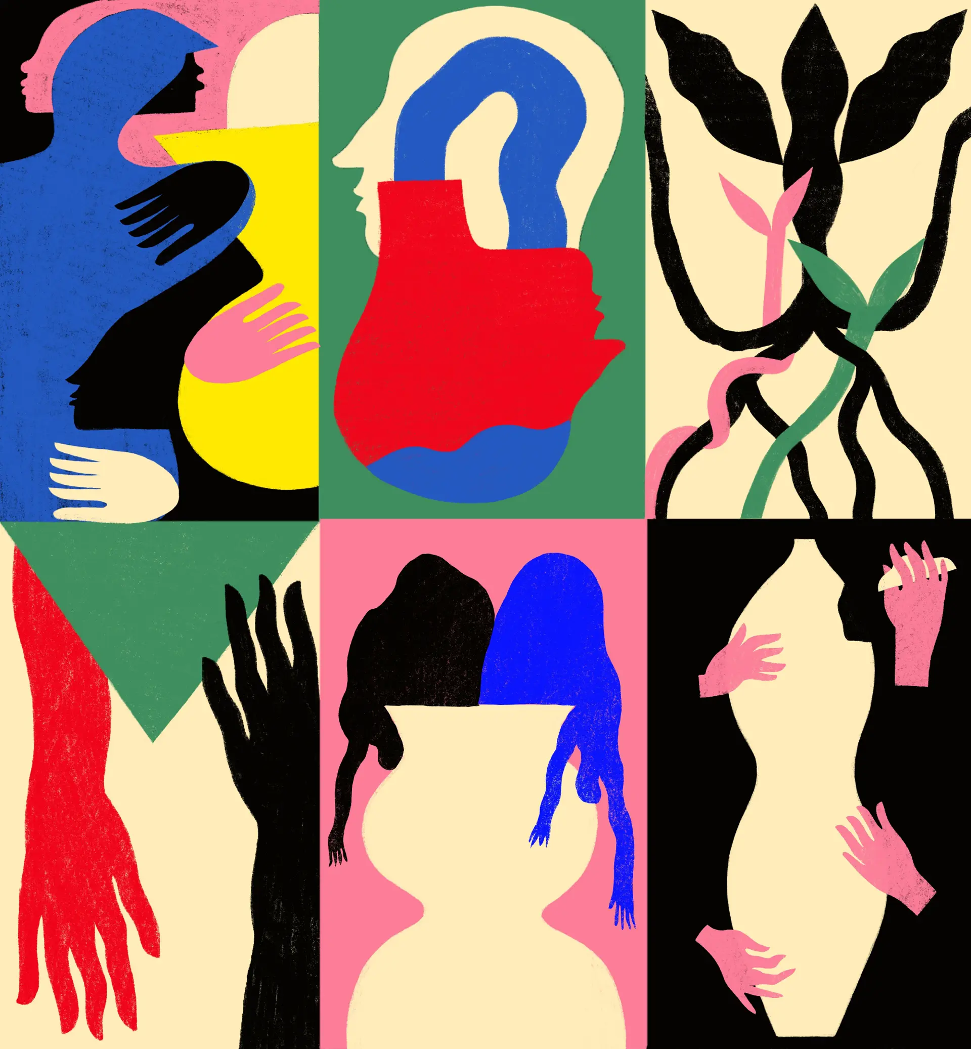 Various panels of cutout shapes in block primary colors, including plant roots, faces in profile, reaching hands, and the Sudanese flag.
