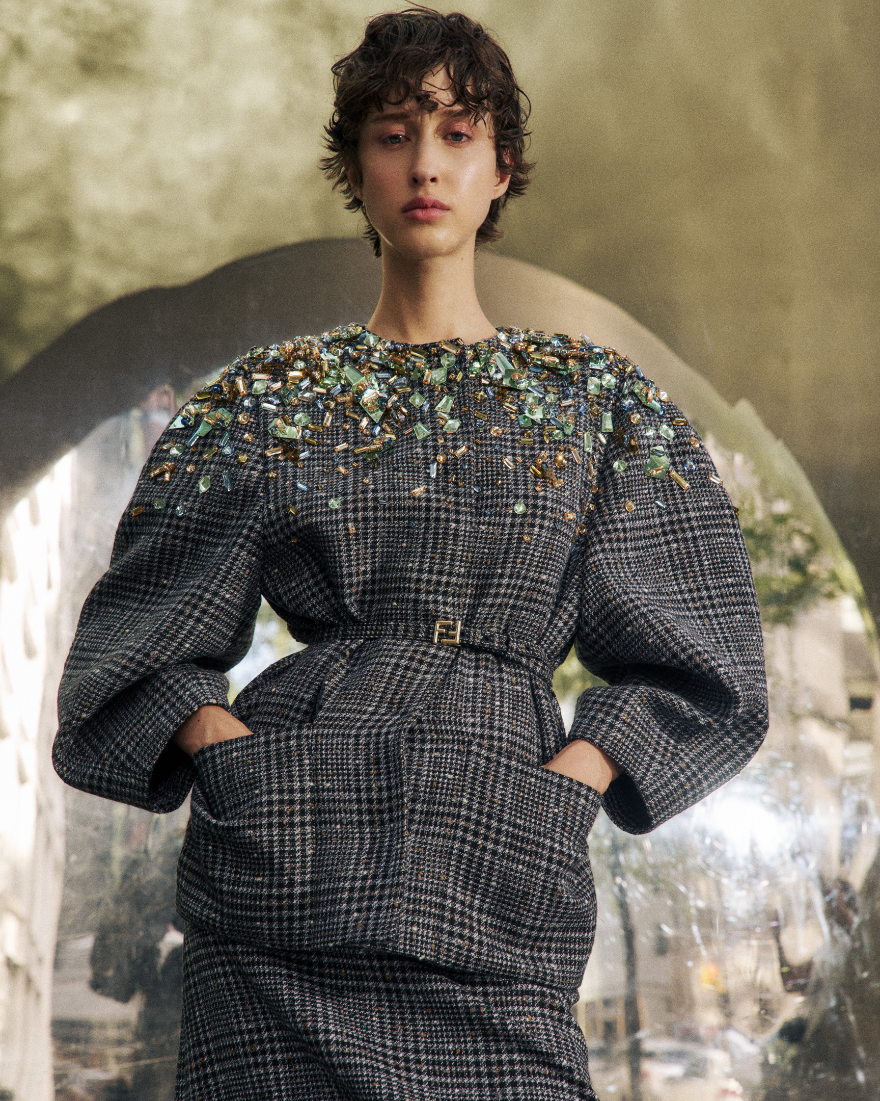 Vogue Philippines — fashion editorial portrait featuring model in embellished blue coat, photographed by Kourosh Sotoodeh.