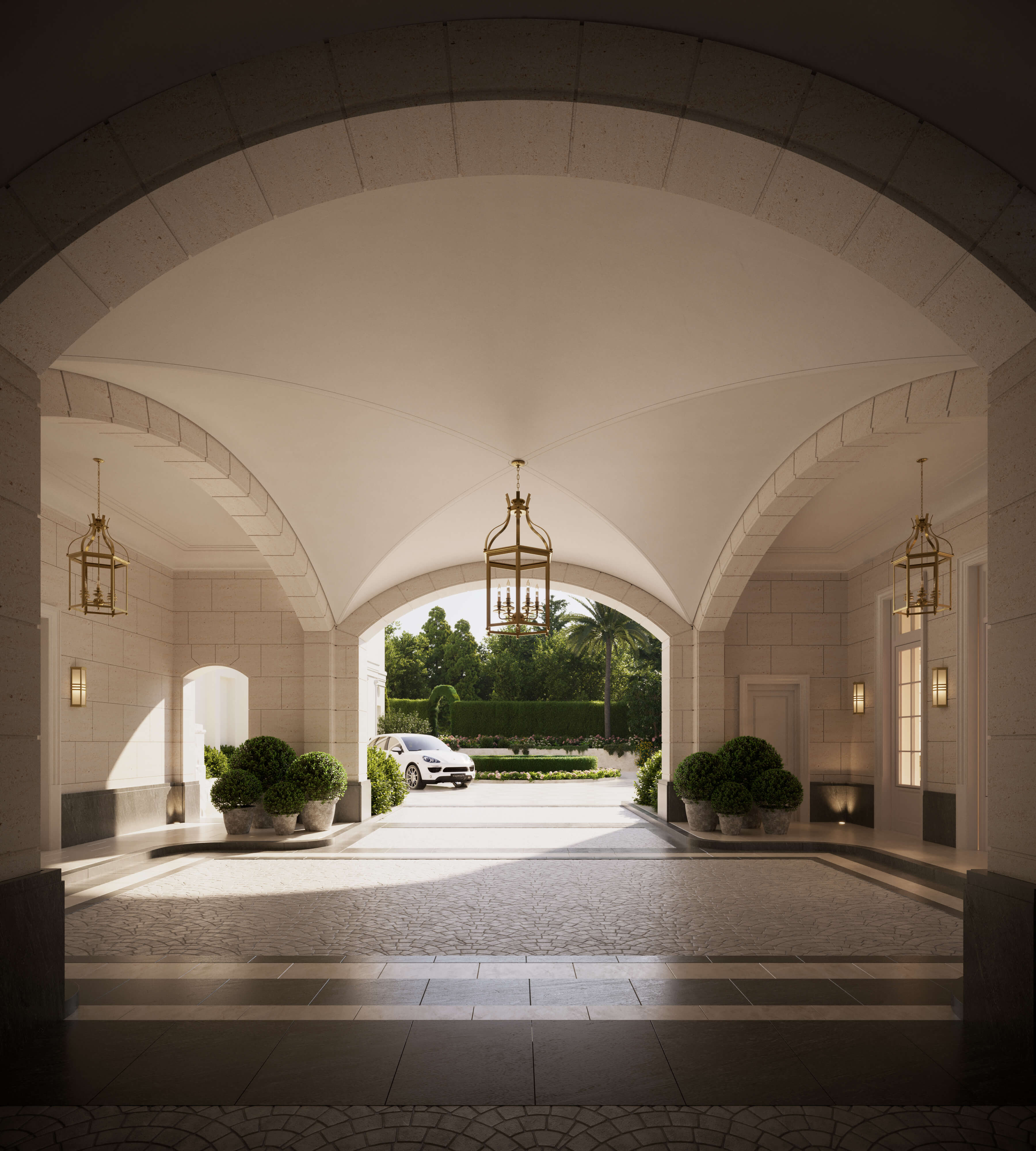 Photorealistic CGI of a classical-style portico entrance with vaulted ceilings, hanging lanterns, stone walls, potted plants, and a luxury car outside; architectural visualization focused on symmetry and elegance.