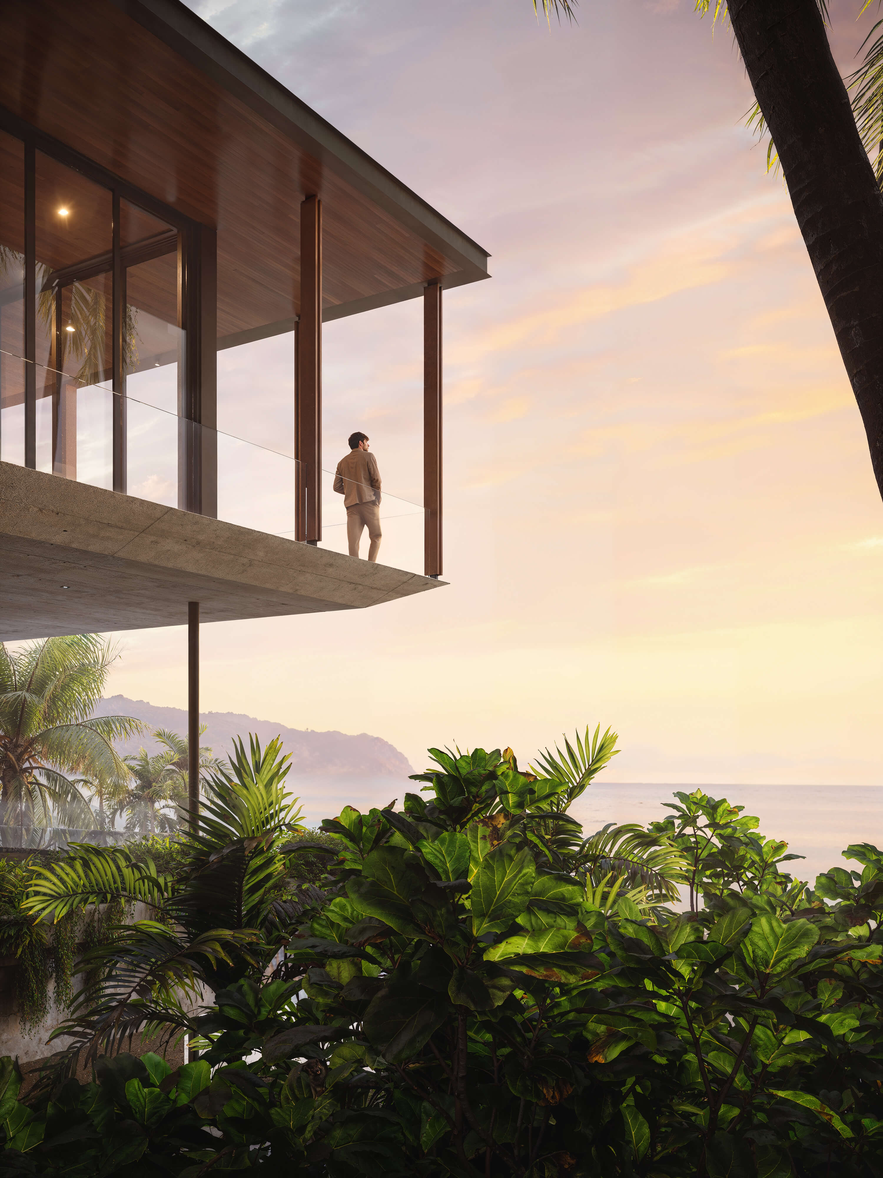 3D architectural render of a modern tropical residence in Puerto Rico with cantilevered balcony, glass railings, and a person overlooking the ocean at sunset; Puerto Rico Residences, 2024, KoDA, USA.