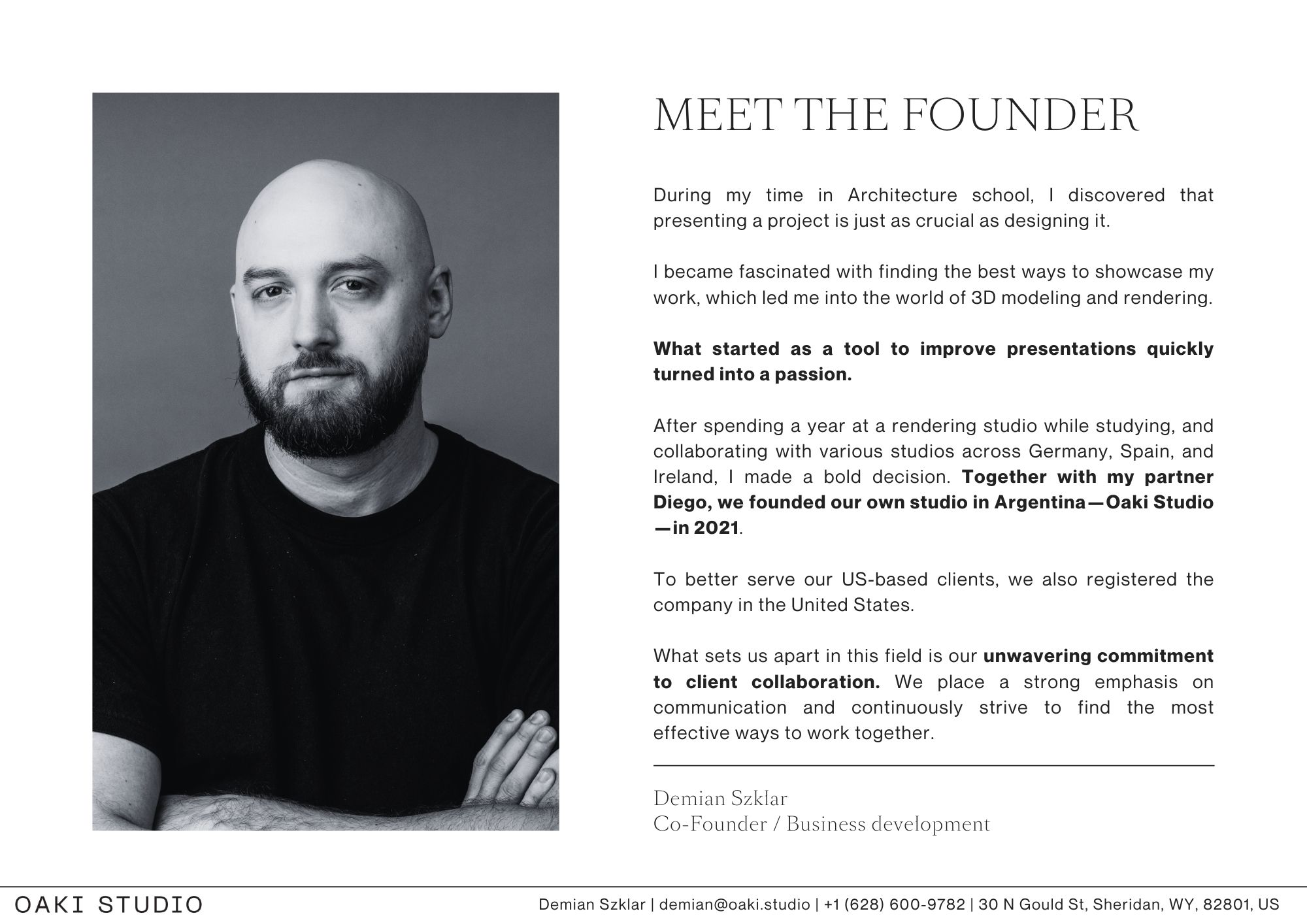 Black and white portrait of Demian Szklar, Co-Founder of Oaki Studio, alongside a written introduction sharing his journey from architecture school to founding a 3D visualization studio in Argentina and the US, with a focus on client collaboration and presentation quality.