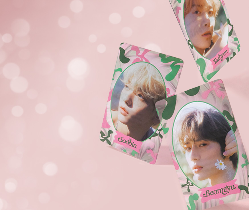 Cover image design for portfolio page with clear plastic card k-pop concert freebies with images of Tomorrow x Together