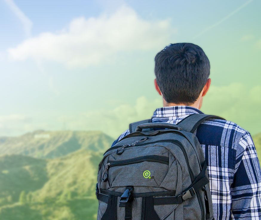 Cover image design for portfolio page with man wearing EcoGear backpack at mountains