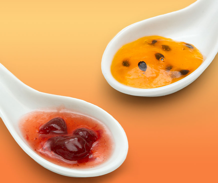 Cover image design for portfolio page with drink flavoring fruit syrups in Chinese porcelain spoons