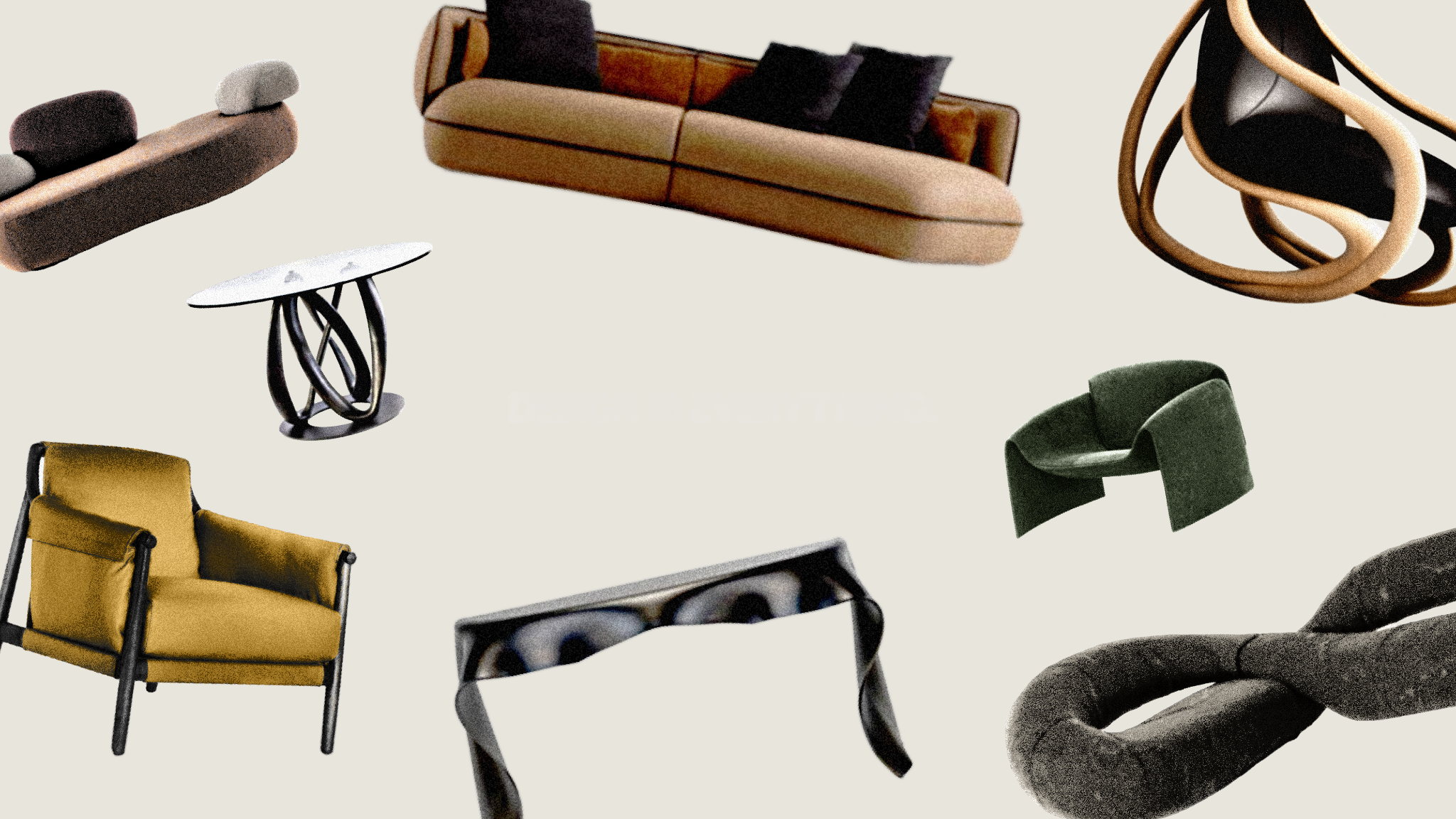 Imagen de muebles flotando con la frase 'Design is everything' en el centro.