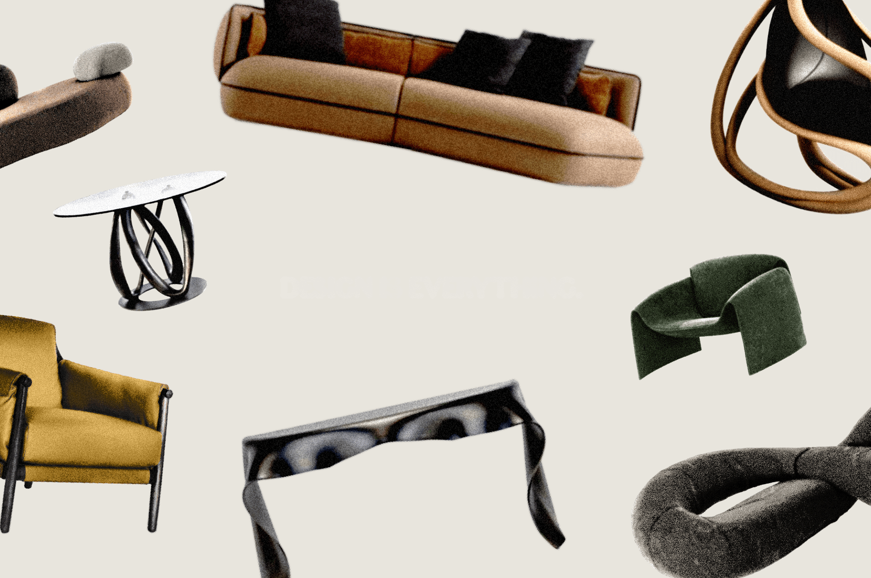 Imagen de muebles flotando con la frase 'Design is everything' en el centro.