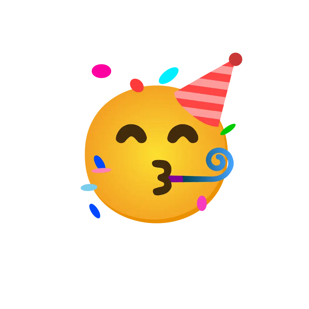 Animirani slavljenički emoji s party kapicom, trubicom i konfetima
