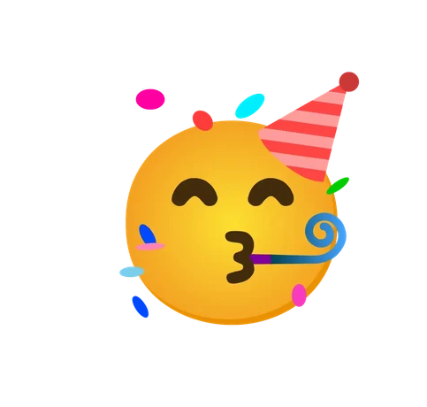 Animirani slavljenički emoji s party kapicom, trubicom i konfetima