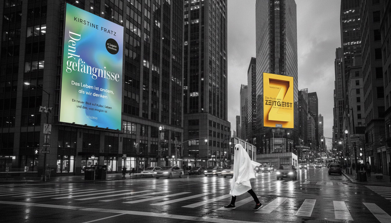 Werbeplakate für die Bücher 'Denkgefängnisse' und 'Das Buch vom Zeitgeist' von Kirstine Fratz an Hochhäusern, im Vordergrund eine Person im Geisterkostüm