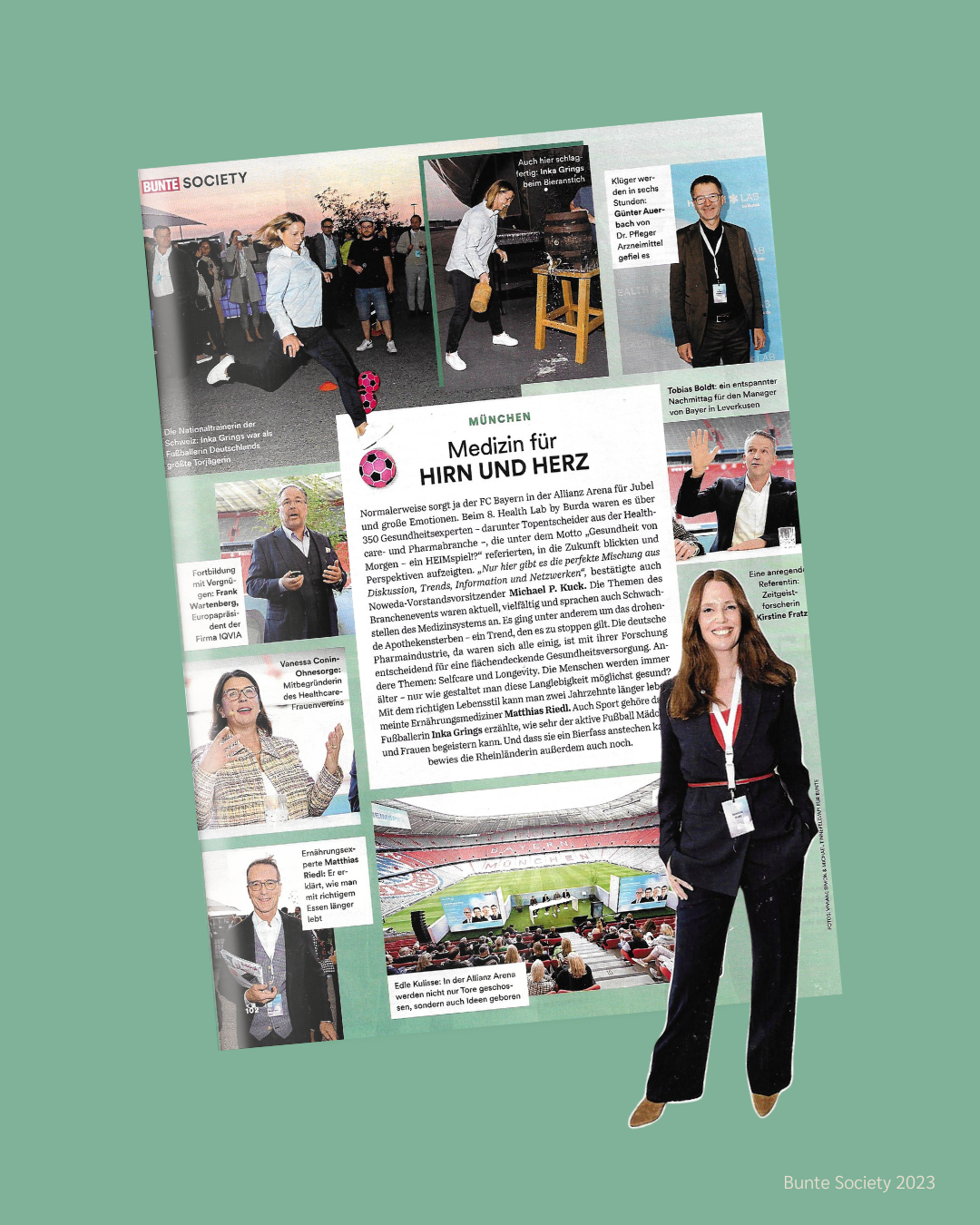 Zeitschriftenausschnitt/ Presse 'Bunte Society' mit dem Artikel 'Medizin für Hirn und Herz', mehreren Fotos und Kirstine Fratz im Anzug