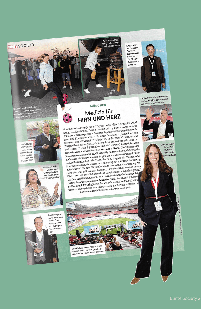 Zeitschriftenausschnitt/ Presse 'Bunte Society' mit dem Artikel 'Medizin fĂĽr Hirn und Herz', mehreren Fotos und Kirstine Fratz im Anzug